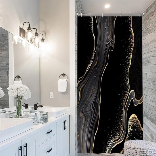 Ibenzoa® Stijlvol zwart en goud douchegordijn met marmerlook voor moderne badkamer