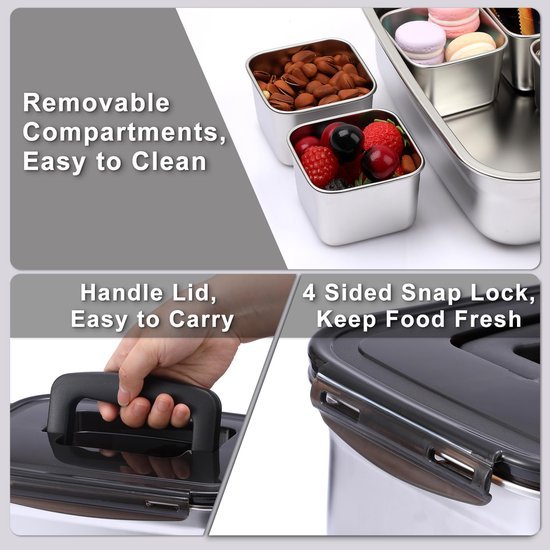 Ibenzoa® Modulaire roestvrijstalen snackbox met zes vakken en kunststof deksel Ibenzoa® Modulaire roestvrijstalen snackbox met zes vakken en kunststof deksel