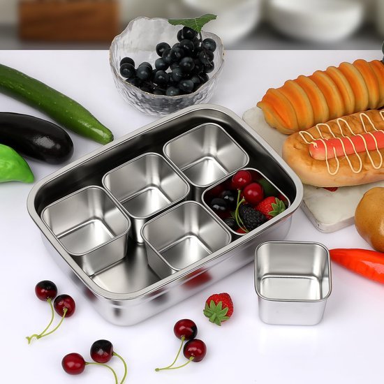 Ibenzoa® Modulaire roestvrijstalen snackbox met zes vakken en kunststof deksel Ibenzoa® Modulaire roestvrijstalen snackbox met zes vakken en kunststof deksel