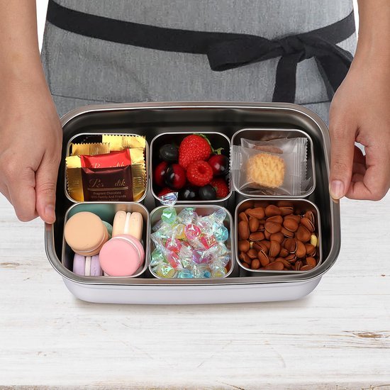 Ibenzoa® Modulaire roestvrijstalen snackbox met zes vakken en kunststof deksel Ibenzoa® Modulaire roestvrijstalen snackbox met zes vakken en kunststof deksel