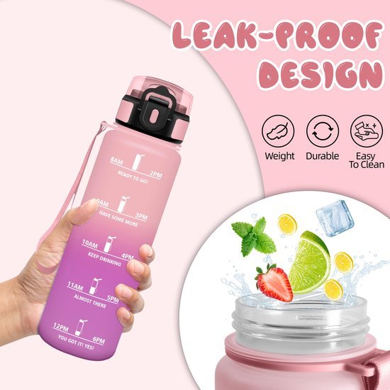 Ibenzoa® Roze sportieve drinkfles van 500 ml met tijdmarkering en lekvrije sluiting Ibenzoa® Roze sportieve drinkfles van 500 ml met tijdmarkering en lekvrije sluiting
