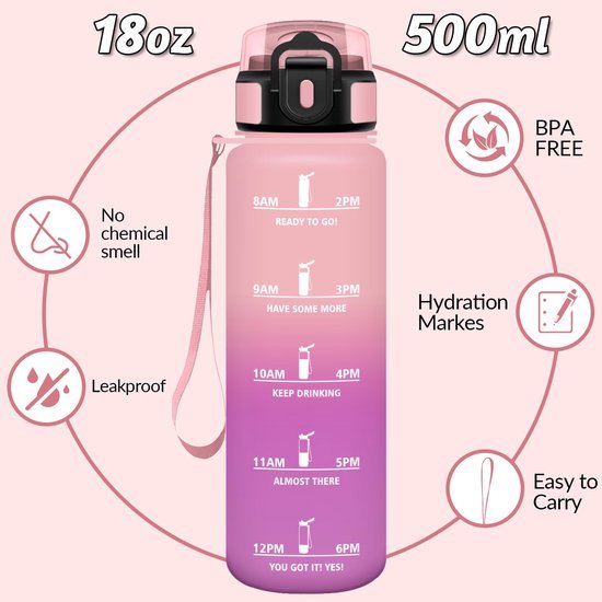 Ibenzoa® Roze sportieve drinkfles van 500 ml met tijdmarkering en lekvrije sluiting Ibenzoa® Roze sportieve drinkfles van 500 ml met tijdmarkering en lekvrije sluiting