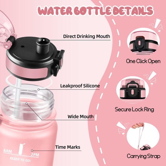 Ibenzoa® Roze sportieve drinkfles van 500 ml met tijdmarkering en lekvrije sluiting Ibenzoa® Roze sportieve drinkfles van 500 ml met tijdmarkering en lekvrije sluiting