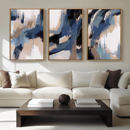 Ibenzoa® Drie Stuks Abstracte Wanddecoratie in Blauw en Beige voor Diverse Kamers