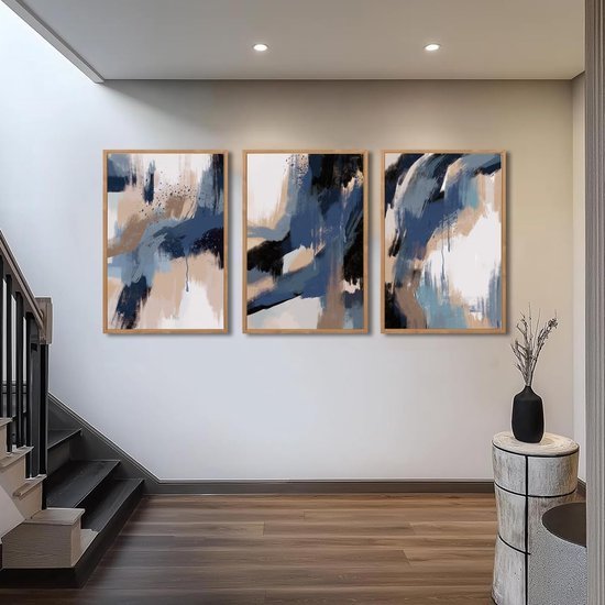 Ibenzoa® Drie Stuks Abstracte Wanddecoratie in Blauw en Beige voor Diverse Kamers