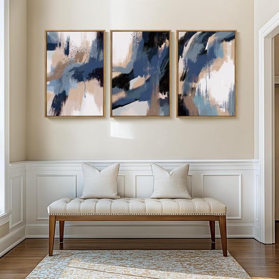 Ibenzoa® Drie Stuks Abstracte Wanddecoratie in Blauw en Beige voor Diverse Kamers
