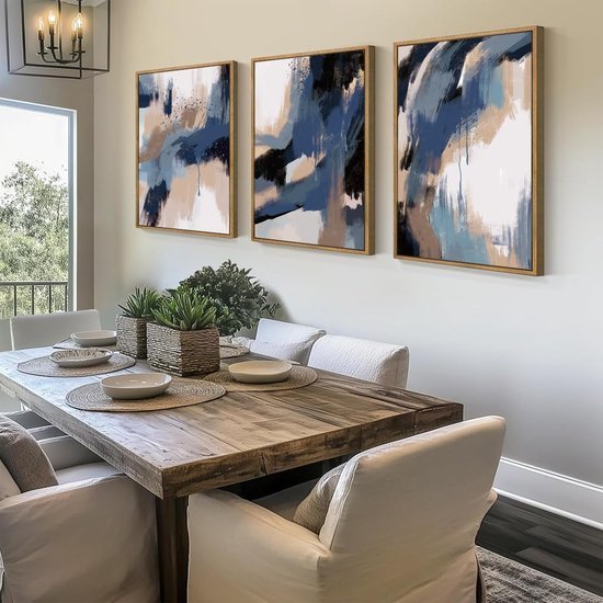 Ibenzoa® Drie Stuks Abstracte Wanddecoratie in Blauw en Beige voor Diverse Kamers