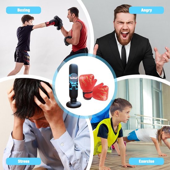 Ibenzoa® Bokszak voor kinderen, opblaasbaar met handschoenen, ideaal voor training en ontspanning