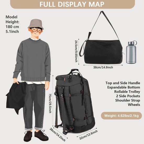 Ibenzoa® Grote opvouwbare reistas op wielen met verstelbare capaciteit en draagopties Ibenzoa® Grote opvouwbare reistas op wielen met verstelbare capaciteit en draagopties