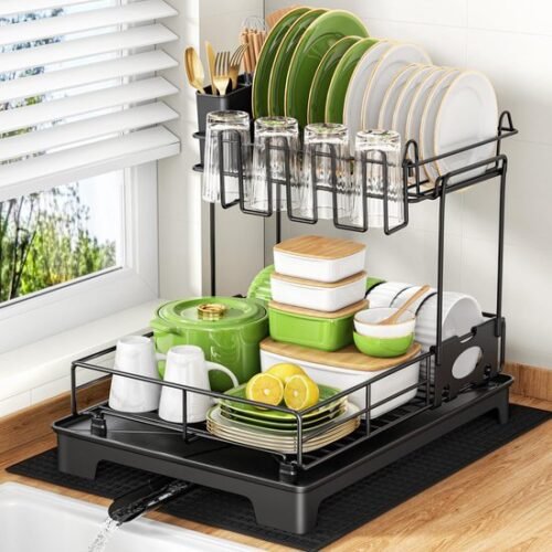 Ibenzoa® Ruimtebesparend tweelaags afdruiprek met lekbak en roestvrij stalen constructie