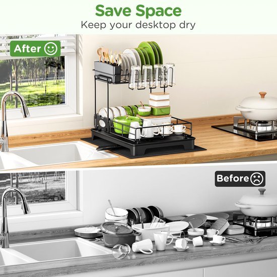 Ibenzoa® Ruimtebesparend tweelaags afdruiprek met lekbak en roestvrij stalen constructie