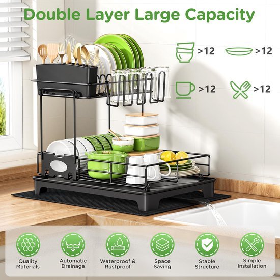 Ibenzoa® Ruimtebesparend tweelaags afdruiprek met lekbak en roestvrij stalen constructie