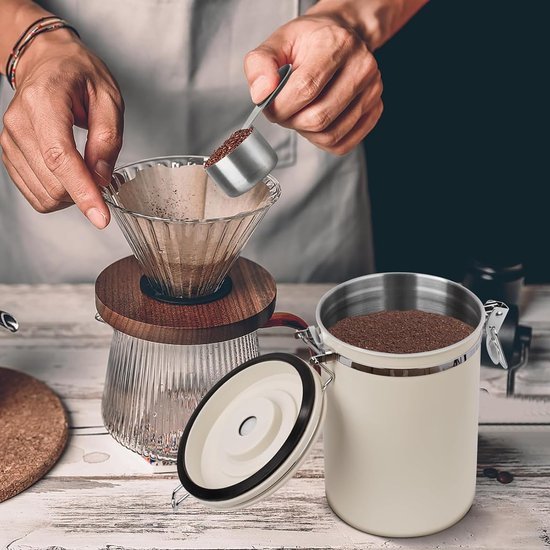 Ibenzoa® Luchtdichte koffiecontainer van roestvrij staal met datumweergave en lepel