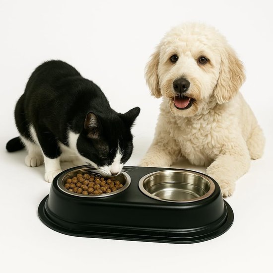 Ibenzoa® Dubbele voederbak met antislip voor huisdieren met roestvrijstalen kommen
