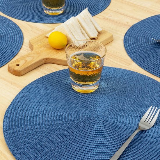 Ibenzoa® Set van 6 Blauwe Ronde Placemats voor Eettafel, Afwasbaar en Hittebestendig