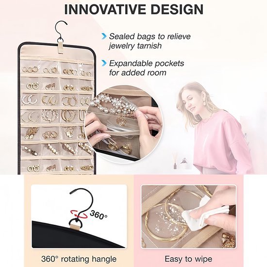 Ibenzoa® Dubbelzijdige hangende sieradenopberger met 39 vakken en metalen haken Ibenzoa® Dubbelzijdige hangende sieradenopberger met 39 vakken en metalen haken