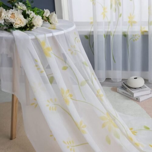 Ibenzoa® Lichtdoorlatend Geel Voile Gordijn met Bloemenprint en Plooiband 150x145cm