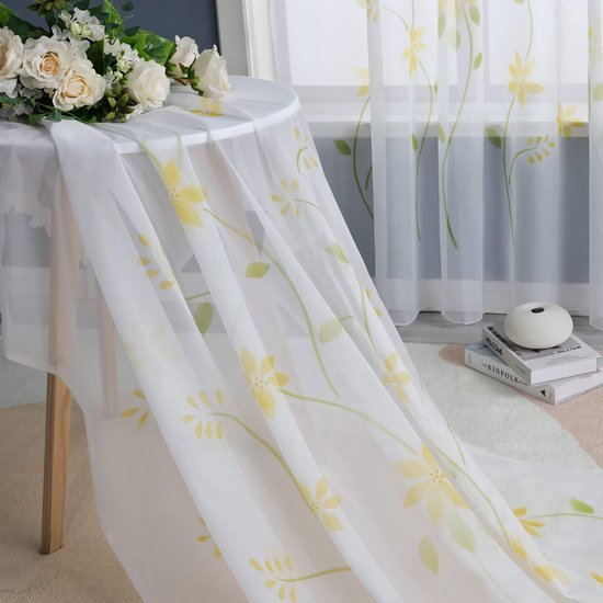 Ibenzoa® Lichtdoorlatend Geel Voile Gordijn met Bloemenprint en Plooiband 150x145cm