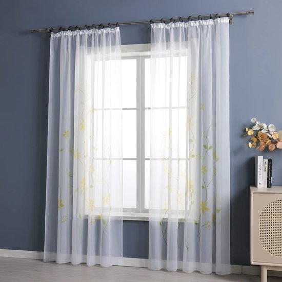 Ibenzoa® Lichtdoorlatend Geel Voile Gordijn met Bloemenprint en Plooiband 150x145cm