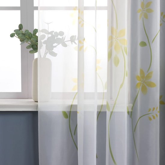 Ibenzoa® Lichtdoorlatend Geel Voile Gordijn met Bloemenprint en Plooiband 150x145cm