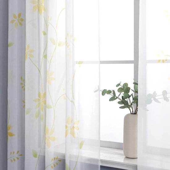 Ibenzoa® Lichtdoorlatend Geel Voile Gordijn met Bloemenprint en Plooiband 150x145cm