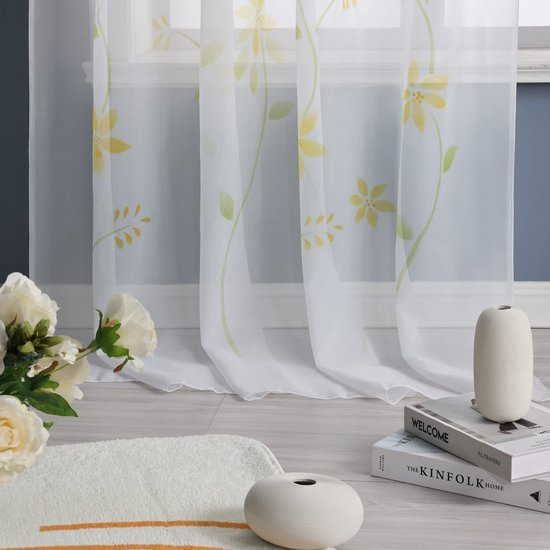 Ibenzoa® Lichtdoorlatend Geel Voile Gordijn met Bloemenprint en Plooiband 150x145cm