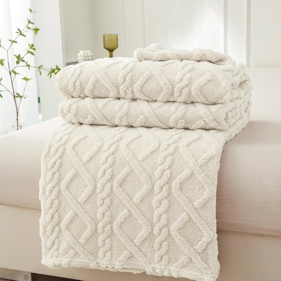 Ibenzoa® Zachte en warme deken voor bank en bed in witte crèmekleur, 220 x 240 cm
