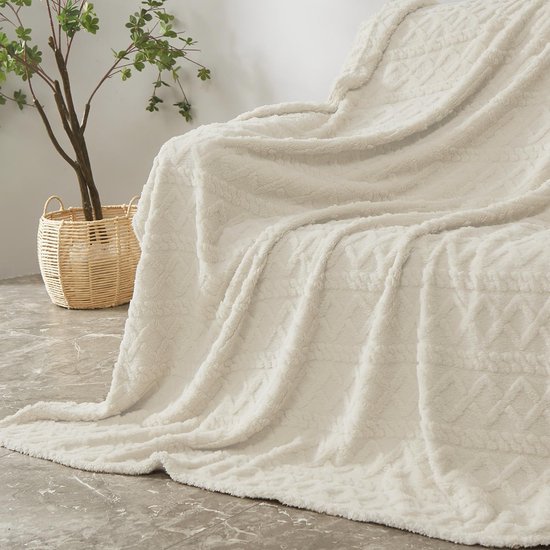 Ibenzoa® Zachte en warme deken voor bank en bed in witte crèmekleur, 220 x 240 cm