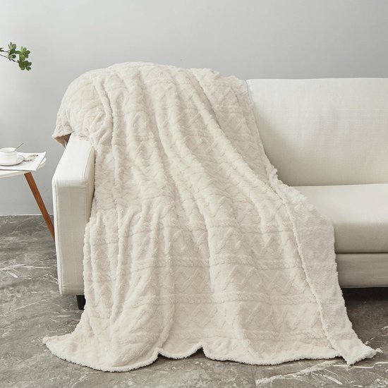 Ibenzoa® Zachte en warme deken voor bank en bed in witte crèmekleur, 220 x 240 cm