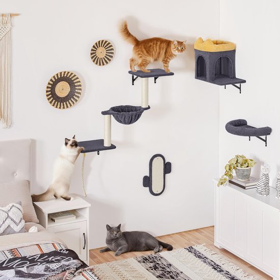 Unyqoos® Modulaire klimwand met kattenhuis en krabpalen voor actieve katten Unyqoos® Modulaire klimwand met kattenhuis en krabpalen voor actieve katten