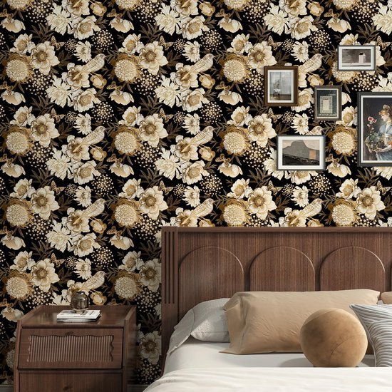 Ibenzoa® Zelfklevend zwart en goud fotobehang met bloemen en vogels voor interieur Ibenzoa® Zelfklevend zwart en goud fotobehang met bloemen en vogels voor interieur