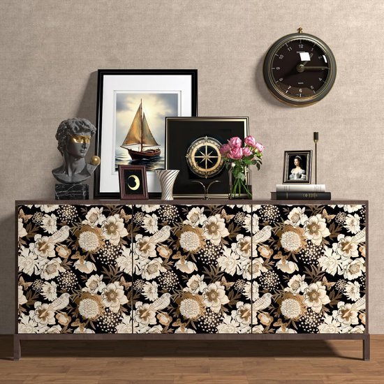 Ibenzoa® Zelfklevend zwart en goud fotobehang met bloemen en vogels voor interieur Ibenzoa® Zelfklevend zwart en goud fotobehang met bloemen en vogels voor interieur