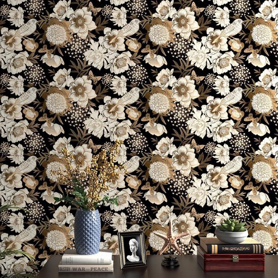 Ibenzoa® Zelfklevend zwart en goud fotobehang met bloemen en vogels voor interieur Ibenzoa® Zelfklevend zwart en goud fotobehang met bloemen en vogels voor interieur