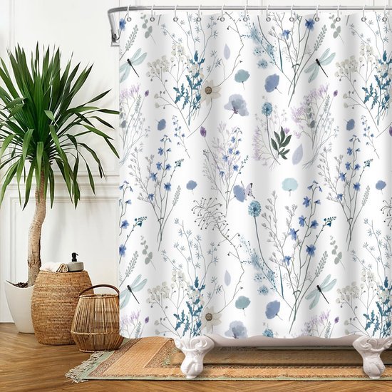 Ibenzoa® Waterdicht douchegordijn met bloemenpatroon en libellen voor een elegante badkamer