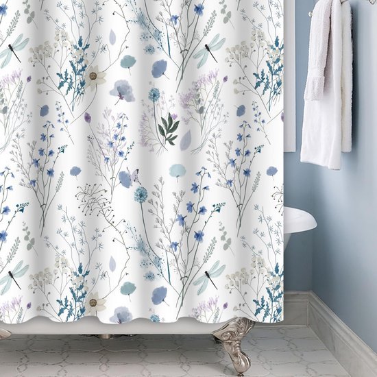 Ibenzoa® Waterdicht douchegordijn met bloemenpatroon en libellen voor een elegante badkamer