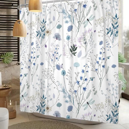 Ibenzoa® Waterdicht douchegordijn met bloemenpatroon en libellen voor een elegante badkamer
