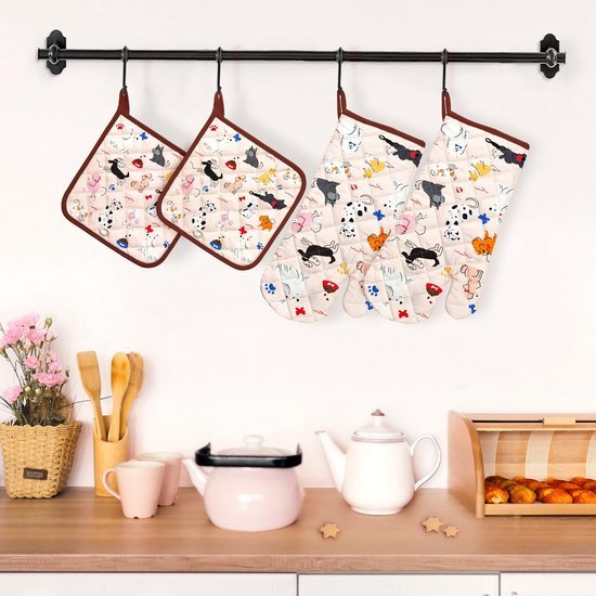 Ibenzoa® Set van 4 hittebestendige ovenwanten en pannenlappen in levendig design