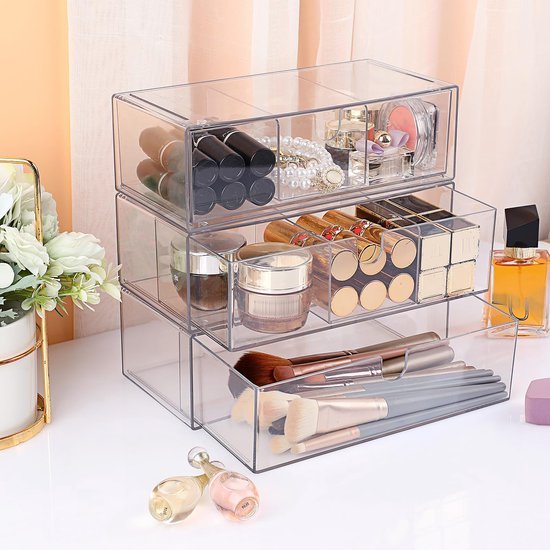 Ibenzoa® Set van drie doorzichtige acryl opbergdozen met stapelbare laden en scheidingswanden Ibenzoa® Set van drie doorzichtige acryl opbergdozen met stapelbare laden en scheidingswanden