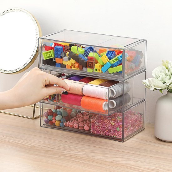 Ibenzoa® Set van drie doorzichtige acryl opbergdozen met stapelbare laden en scheidingswanden Ibenzoa® Set van drie doorzichtige acryl opbergdozen met stapelbare laden en scheidingswanden