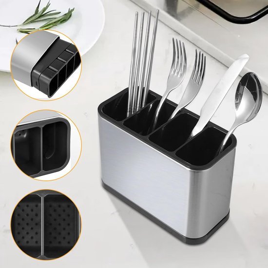 Ibenzoa® Roestvrijstalen bestekhouder met vier vakken en afneembare lekbak voor keuken