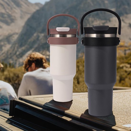 Ibenzoa® Handige roestvrijstalen thermosbeker met rietje en handvat, ideaal voor onderweg