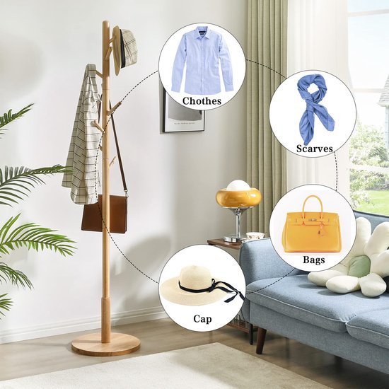 Ibenzoa® Vrijstaande houten kapstok met ronde voet en acht haken in natuurlijke kleur