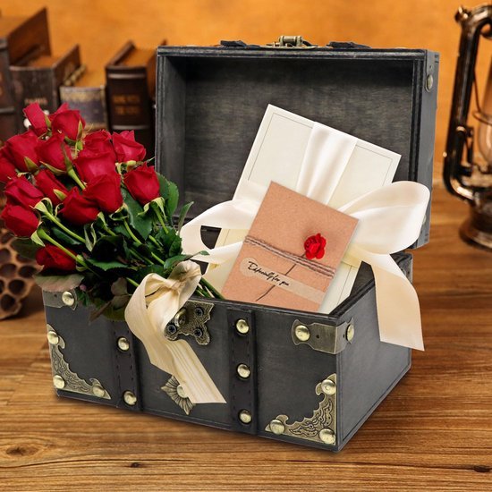 Ibenzoa® Vintage houten schatkist met slot voor opslag en decoratie, 18 x 11 x 10 cm