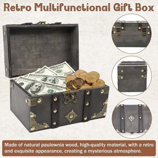 Ibenzoa® Vintage houten schatkist met slot voor opslag en decoratie, 18 x 11 x 10 cm