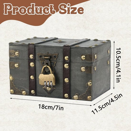 Ibenzoa® Vintage houten schatkist met slot voor opslag en decoratie, 18 x 11 x 10 cm