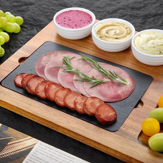 Ibenzoa® Stijlvolle Serveerset van Acaciahout en Keramiek voor Vlees, Kaas, Tapas en Meer