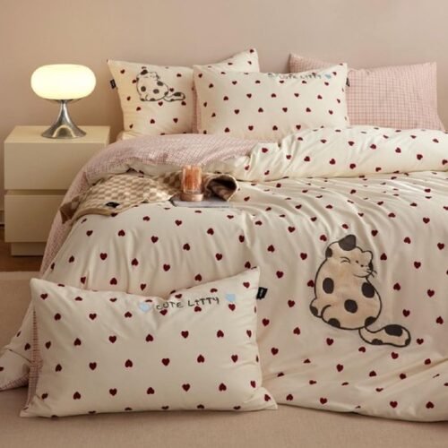 Ibenzoa® Omkeerbare kinderdekbedovertrekset met hartjes en kattenpatroon 135x200 cm