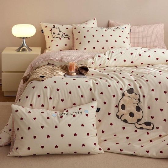 Ibenzoa® Omkeerbare kinderdekbedovertrekset met hartjes en kattenpatroon 135x200 cm