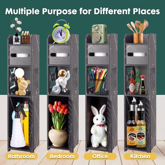 Ibenzoa® Slanke zwarte opbergkast voor kleine badkamers met deuren en planken