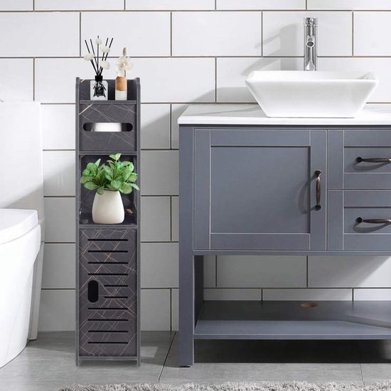 Ibenzoa® Slanke zwarte opbergkast voor kleine badkamers met deuren en planken